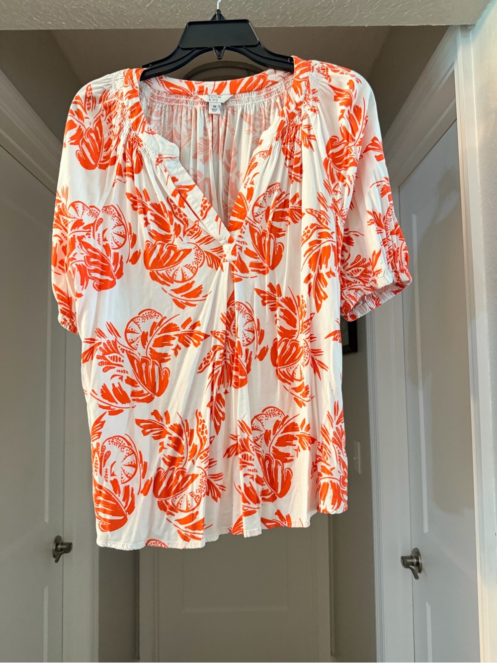 crown & ivy White Blouse with Bright Orange Floral Print